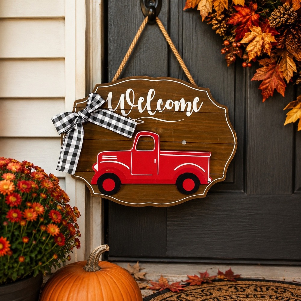 Red Truck Welcome Door Hanger Interchangeable Seasonal Farmhouse Wood Sign